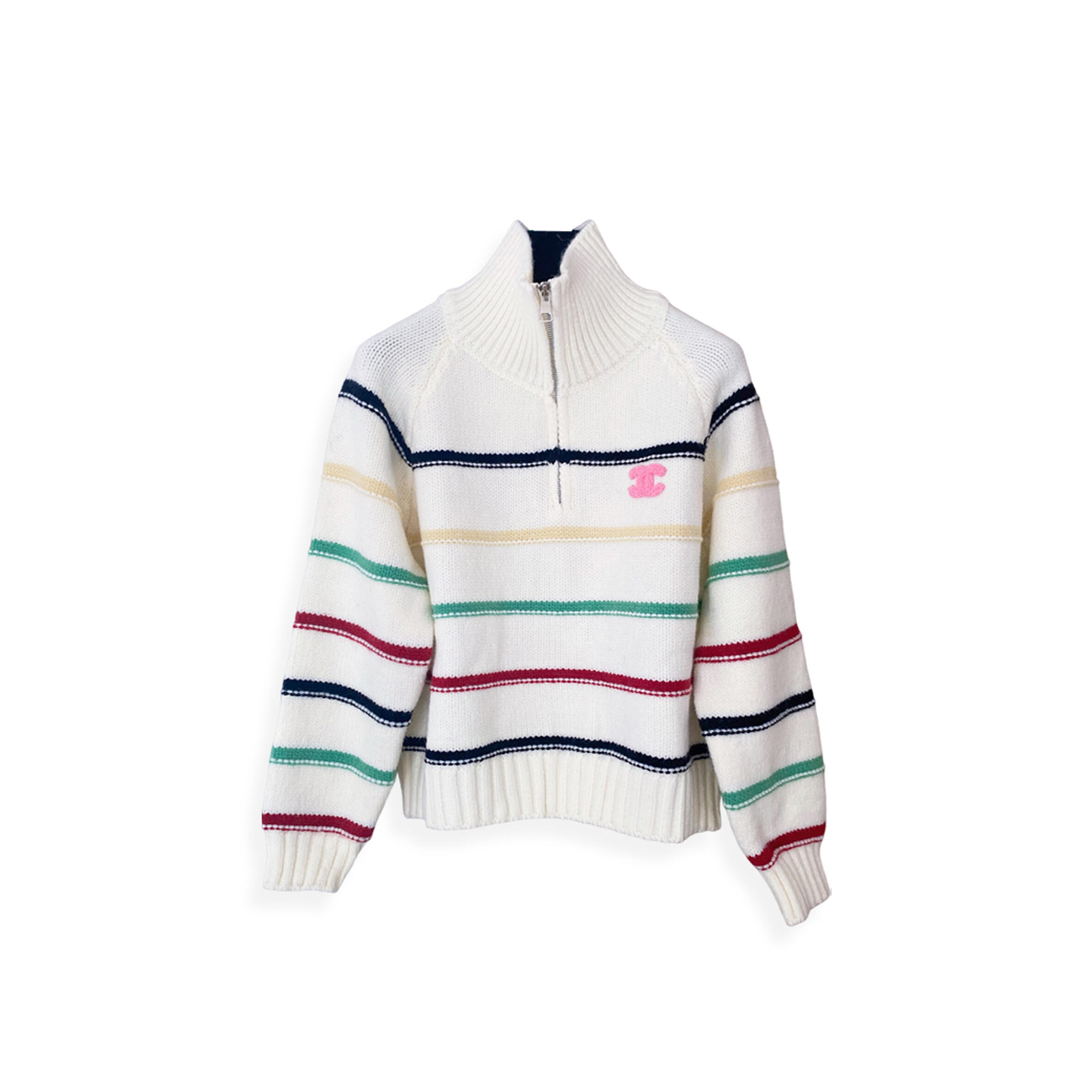 Ch**el colorful striped collared zipper knit long sleeve